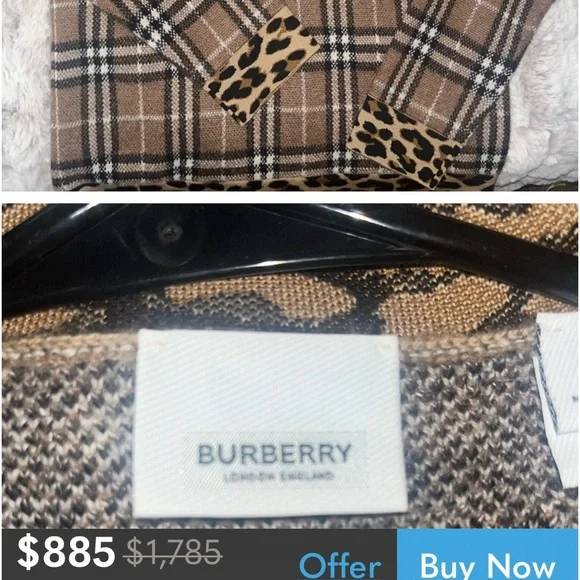 ❤️TRADED❤️ Burberry check V neck leopard trim sweater medium unisex - Picture 7 of 10